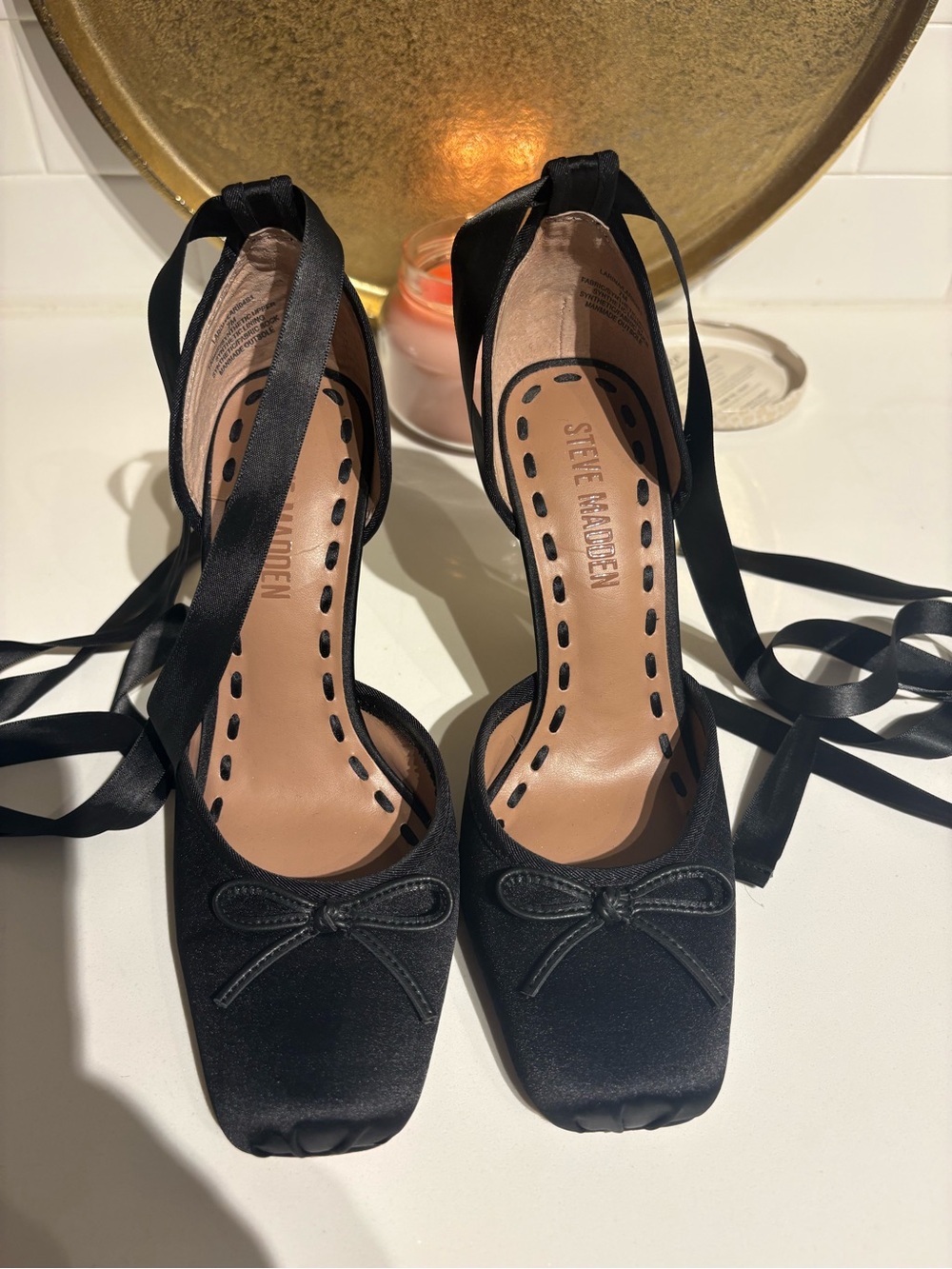 Steve Madden Black Satin Lace-Up Square-Toe Pumps - Picture 1 of 3